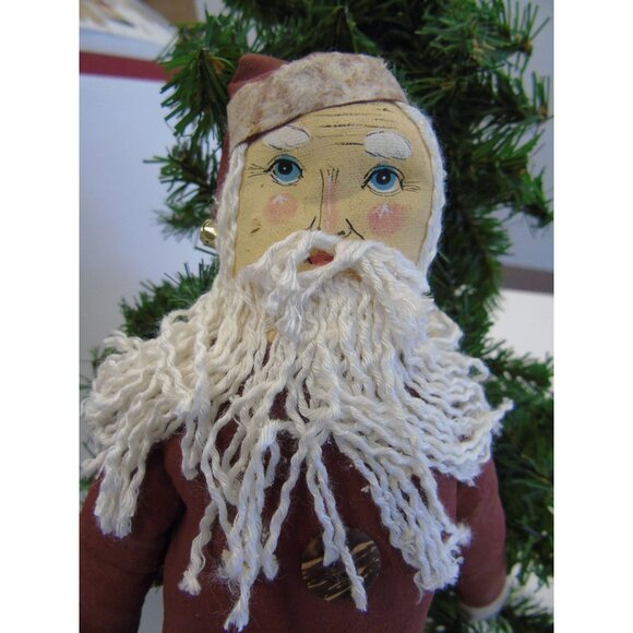 Vintage Christmas Santa Doll Made From Wood And Fabric Beard And Three Buttons - Picture 2 of 4